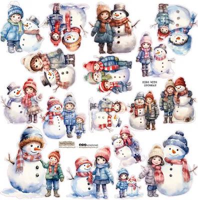 Image de Naklejki - ScrapLove - Enfants avec bonhomme de neige