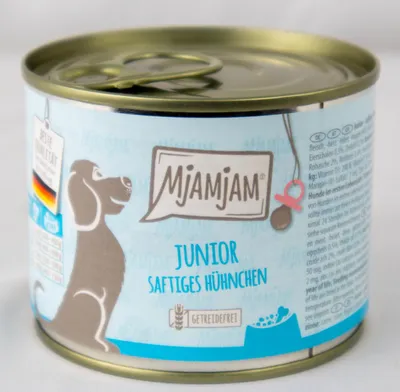 Produktbild von Hundefutter "Junior" - 200g Dose saftiges Hühnchen mit Ei