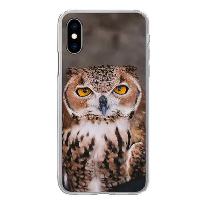 Produktbild von MuchoWow® Handyhülle Schutzhülle Hülle für iPhone X Braune Eule schaut direkt in die Kamera Silikon Softcase Handy Hülle - Handyhülle