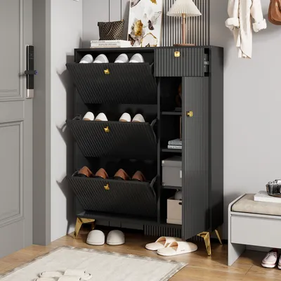 Produktbild von STILVORA Schuhschrank Sideboard Schuhkommode mit 3 Klappen,Schuhregal mit 1 Schublade und 1 Tür, Schuhregal, mit Schuhkipper,Schwarz