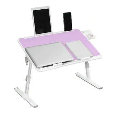 Obrázek produktu pro Stolík na notebook pro postel a pohovku – skládací podložka na notebook – 60 × 40 cm – nastavitelná výška a sklon – se zásuvkou – plast – fialová
