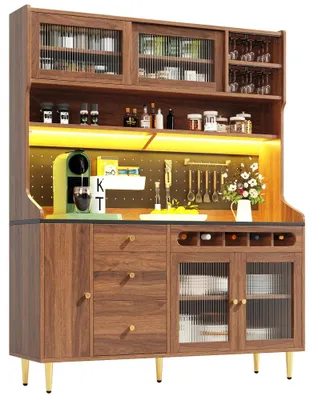 Zdjęcie produktu dla Nowoczesna szafka kuchenna – witryna do kuchni i salonu – 145 × 39 × 171 cm – regulowane półki – oświetlenie LED – półka na wino – orzech