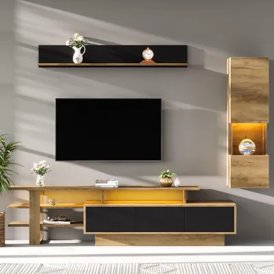 Produktbild von Merax TV-Wohnwand Set 3-teilig mit LED, Stauraum Wohnzimmer Möbel, TV-Schrank 180 cm mit 3 Schubladen, Wandregal für 80 Zoll TV, Schwarz Naturholz