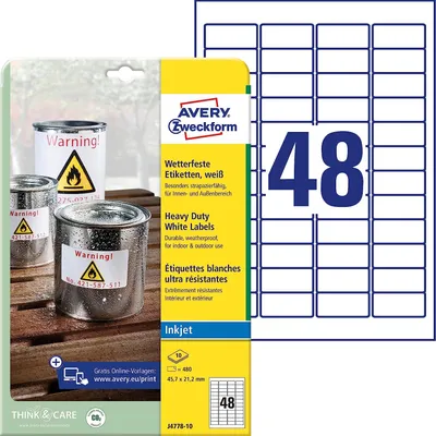 Immagine prodotto di Avery Zweckform J4778-10 Etichette in pellicola resistenti alle intemperie, 45,7 x 21,2 mm, 10 fogli/480 etichette, bianco