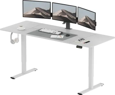 Produktbild von SANODESK Höhenverstellbarer Schreibtisch 200x80cm, Kindersicherung, Memory-Funktion, LED-Display, 60 kg Tragkraft, 2 Haken, einfache Montage (Weiß)