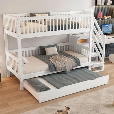 Productafbeelding van Stapelbed met uitschuifbed, 3 slaapplaatsen, trap met opbergruimte, wit