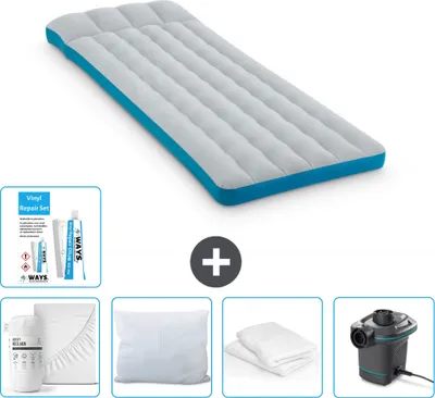 Produktbild von Intex Campingmatte – Französisches Bett – 72 x 189 x 20 cm – Blau – im Lieferumfang enthalten Spannbettuch - Küssen - Pumpe - Reperaturset en Kissenschutz