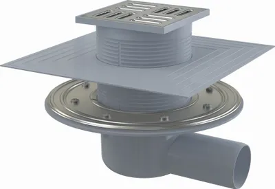 Produktbild von AlcaDrain Bodenablauf 105×105/50 mm mit einem waagrechten Abgang, Edelstahl Rost, Edelstahl-Dichtungflansch und Manschette-2. Abdichtung, Kombi-Geruchsverschluss SMART