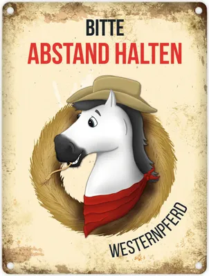 Produktbild von Metallschild mit weißes Pferd Motiv und Spruch: Bitte Abstand halten -