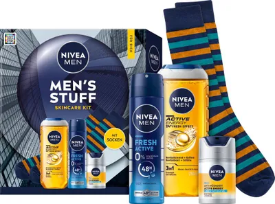 Produktbild von NIVEA MEN Mens Stuff 2025 Duschgel Deo Spray, Pflegegel, Socken Gr. 41-46