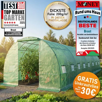 Produktbild von BRAST Gewächshaus Foliengewächshaus mit Stahlfundament | 3x8m | inkl. Erdanker Unkrautvlies & 16 Aufrollbare Fenster mit Moskitonetz | UV-stabilisierte Gitterschutzfolie 200g/m²