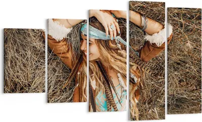 Produktbild von Bild auf Leinwand - Leinwandbild - 5 Teile - Hippie Frau Gras - 100x60cm - Wand Bild - Wanddeko - Wandbilder - Leinwanddruck - Bilder - Wanddekoration - Leinwand bilder - Wandbild - EG100x60-4679