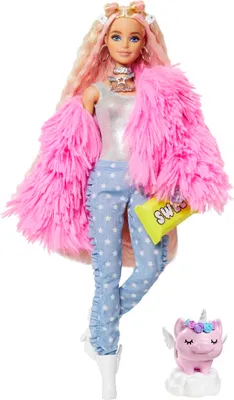 Produktbild von Barbie Extra Puppe (blond) mit flauschiger rosa Jacke, inkl. Haustier