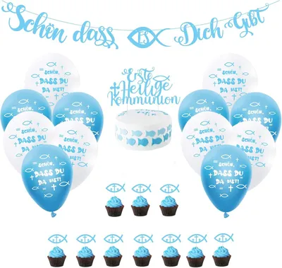 Produktbild von Luftballon-Set für die Kommunion, Taufe, blau, weiß, Tortenaufsatz
