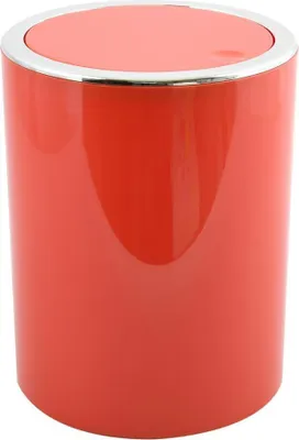A red trash can with a silver rim and lid, shown against a white background.