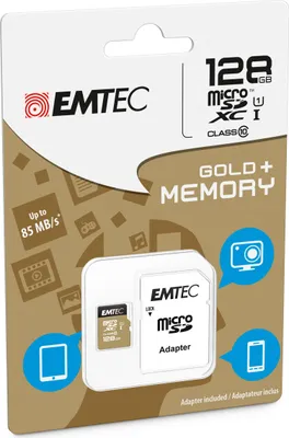 Produktbild von Emtec microSD Class10 Gold+ 128GB, 128 GB, MicroSDXC, Klasse 10, 85 MB/s, 21 MB/s, Schwarz, Gold