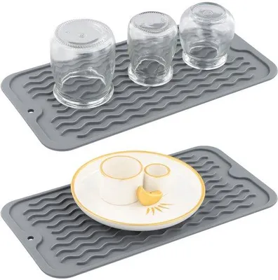 Image de Unyqoos® : Lot de 2 tapis de séchage en silicone pour la cuisine – gris, antidérapants, résistants à la chaleur, à séchage rapide, réutilisables
