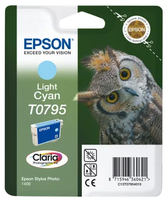 Produktbild von Epson Owl Singlepack Light Cyan T0795 Claria Photographic Ink, Low Yield, Cyan, Tinte auf Pigmentbasis, 11,1 ml, 1 Stück(e), Einzelpackung