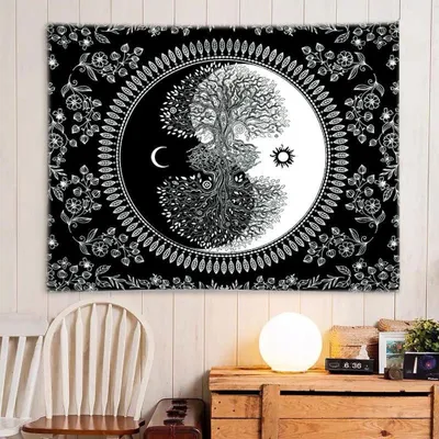 Produktbild von Sonne Und Mond Wandteppich Schwarz Und Weiß Brennender Sonnengott Mit Sternen Wandteppich Psychedelischer Wandteppich Für Schlafzimmer Wohnzimmer Dekoration (150 x 130 cm,Farbe 1)