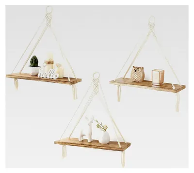 Produktbild von Makramee Hängeregale Boho Wanddekoration 3er Set Rustikales Holz Schweberegal für Schlafzimmer Badezimmer Wohnzimmer Kinderzimmer Schlafsaal Ausstellungsregal zum Aufhängen von Pflanzen und Fotos