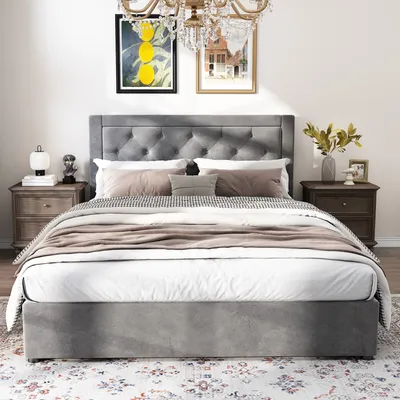 Obrázek produktu pro Okwish čalouněná postel 140x200 cm, manželská postel s velkým úložným prostorem pod postelí, hydraulická úložná postel s odnímatelnými zásuvkami na levé a pravé straně (bez matrace) - šedá