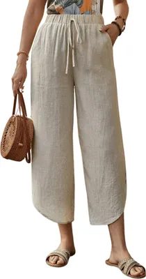 Produktbild von ASKSA Damen 7/8 Hose Leinenhose Laenge High Waist Weitem Bein Freizeithosen Casual Lose Leicht Sommerhose mit Taschen (Aprikose,XL)