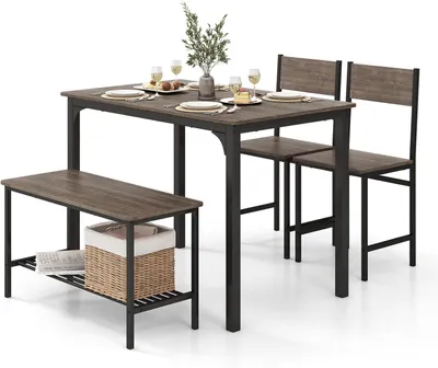 Produktbild von KOMFOTTEU 4-teilig Esstisch-Set mit 2 Stühlen & 1 Bank, industriell Esszimmer-Set mit Rückenlehnen & Lagerregal, Essgruppe aus Holz & Metallrahmen, Sitzgruppe Bartisch für Küche Esszimmer (Grau)