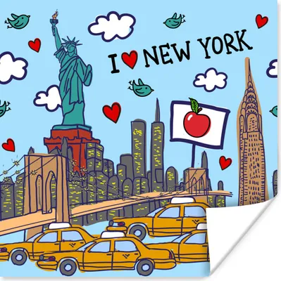 Produktbild von MuchoWow® Poster New York - Zeichnung - Brücke 50x50 cm - Wohnzimmerdekoration