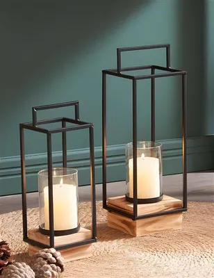 Image de 2x Lanterne "Modern Industrial" en métal & verre avec socle en bois, hauteur 35 + 45 cm, photophore