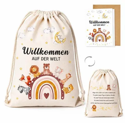 Immagine prodotto di Set regalo per la nascita di una bambina o di un bambino, con sacchetto regalo e biglietto di auguri | Stampa su tela 30x40 cm