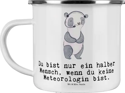 Produktbild von Mr. & Mrs. Panda Teetasse Meteorologin Herz - Weiß - Geschenk, Kaffeepott, Emaille Tasse, Pott, Teebecher, Blechtasse