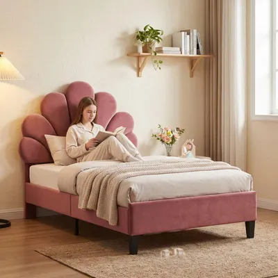 Produktbild von ProximaX Kinderbett 90x200 cm Rosa, Blütenform Kopfteil, Verstellbar, Hohe Belastbarkeit, Einfache Montage, Einzelbett, Samt