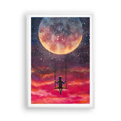 Produktbild von Gerahmtes Poster - Weißer Rahmen - Mond Schaukel Frau - 70x100 cm - Wand Bild - Wanddeko - Wandbilder - Kunstposter - Wandposter - Bilderrahmen - Bilder - Kunstdruck - P2WPA70x100-5095