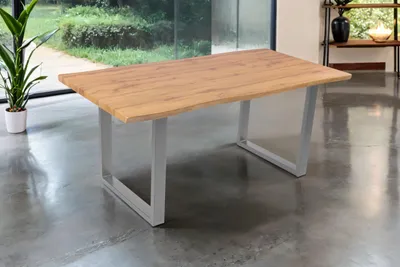 Produktbild von Esstisch Josy | 180 x 90 cm | Holz Wildeiche-Optik | U-Gestell Metall Silber | 40 mm Tischplatte mit Baumkante | Tisch für Esszimmer & Küche