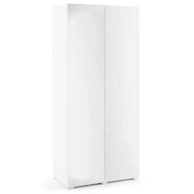 A white two-door wardrobe with a modern design and a push-to-open system, presented against a white background.