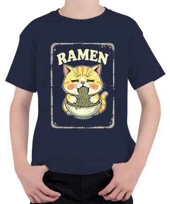Produktbild von Ramen Katze Nudelsuppe Kawaii Geschenk Retro Vintage Uni Kinder T-Shirt, Navy, 152