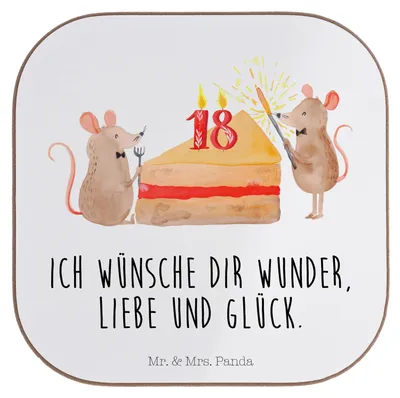 Produktbild von Mr. & Mrs. Panda unterleger 18. Geburtstag Mäuse Kuchen - Weiß - Geschenk, Geburtstage, Party, Happy Birthday, Kuchenliebe, Coaster, Untersetzer für Gläser, Tischschoner