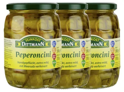 Zdjęcie produktu dla Dittmann Peperoncini extra łagodne, waga netto 390 g, słoik 590 g, opakowanie 3 sztuki
