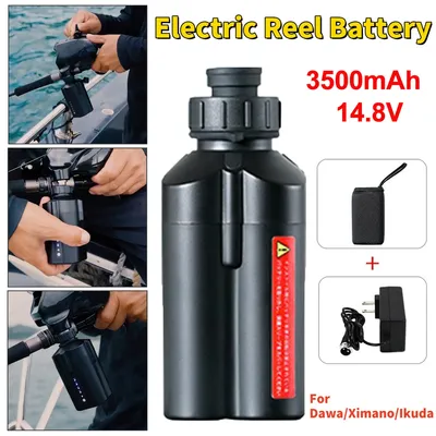 Collage showing an electric reel battery attached to a fishing rod, a close-up of the battery, and the battery with its charger.