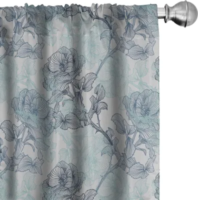 Obrázek produktu pro ABAKUHAUS Květinové závěsy, záclony, grunge styl, skica, umělecké květiny, růže, listy, potisk, 2 kusy, 75 x 175 cm, modrá, šedá, vícebarevné