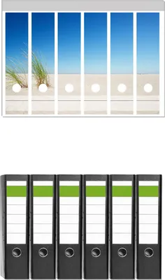 Produktbild von Wallario 6 Stück breite Ordner inkl. Klebeetiketten mit Motive Sandstrand unter blauem Himmel -  Set mit Rückenschildern / Ordnerrücken Stickern