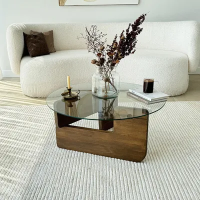 Image de Cornalba - Table basse, 75x75x35h cm Noyer, Plateau en Verre Trempé