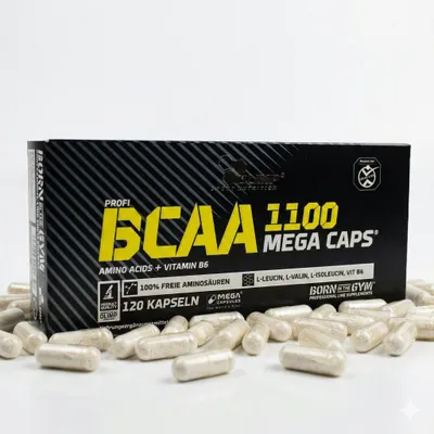 Productafbeelding van Olimp Nutrition BCAA MEGA CAPS, tabletten, L-isoleucine, L-leucine, L-valine, vitamine B6, 120 stuks, vrije aminozuren (43% L-leucine, 21,5% L-valine, 21,5% L-isoleucine), emulgator – soja..., CE