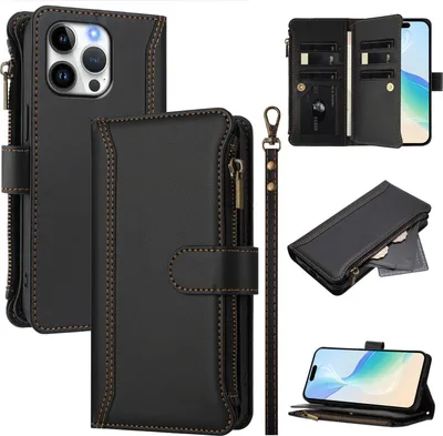 Image de Etui pour iPhone 16 Pro Max, étui portefeuille zippé en cuirPolyuréthaneavec pochettes pour cartes, support et dragonne noir