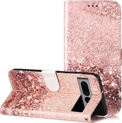 Produktbild von CLM-Tech Hülle kompatibel mit Google Pixel 7 Pro - Tasche aus Kunstleder - Klapphülle mit Ständer und Kartenfächern, Glitzer rosegold