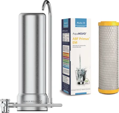 Produktbild von Auftischfilter HW-ATFS-02 aus Edelstahl mit Alvito Primus EM Wasserfilter mit Keramik Wasserbelebung