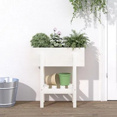 Productafbeelding van Houten Plantenbak - Balkonbak Tuinbak - Planten Decoratie - Massief Grenenhout - 62x30x69 cm - Wit