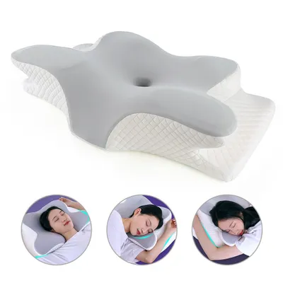 A collage showing a pillow and people using it.