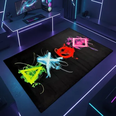 Produktbild von Gaming Teppich mit neonfarbigen Symbolen auf schwarzem Hintergrund Größe - 140 x 200 cm
