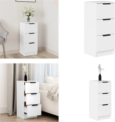 A collage of images showing a white three-drawer cabinet from different angles and in different settings.